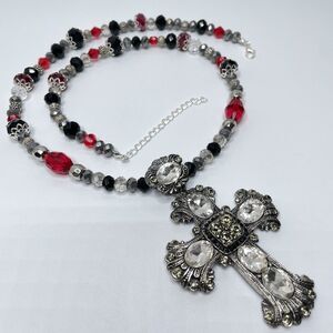 Artisan Gothic Cross Pendant Red Black White Glass Beaded Necklace Statement